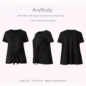 AnyBody Cozy Knit Slub Tie Front Tee Black Short Sleeve Plus Size 3X A3745